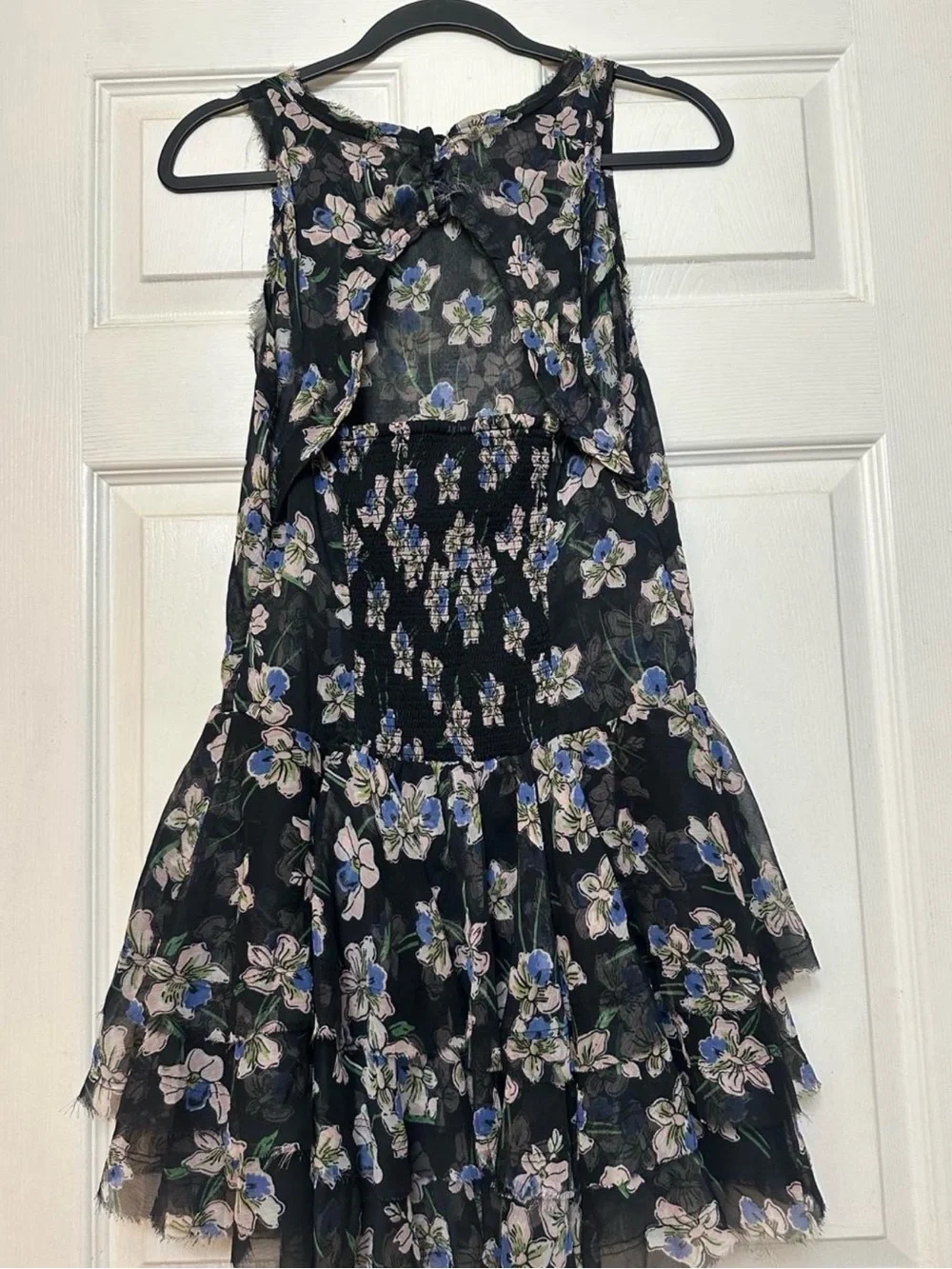 Free People Black Floral Ruffle Hem Mini Dress with Blue Accents